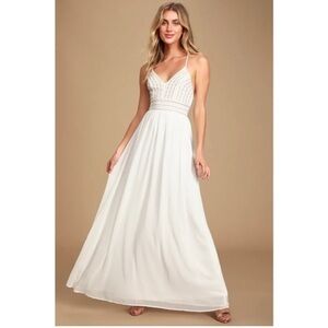 Lulus Meet Me in Madrid White Beaded Maxi Dress Medium NWT